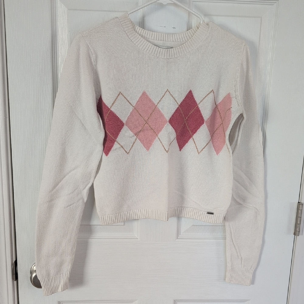 Hollister Cream and Pink Argyle Sweater